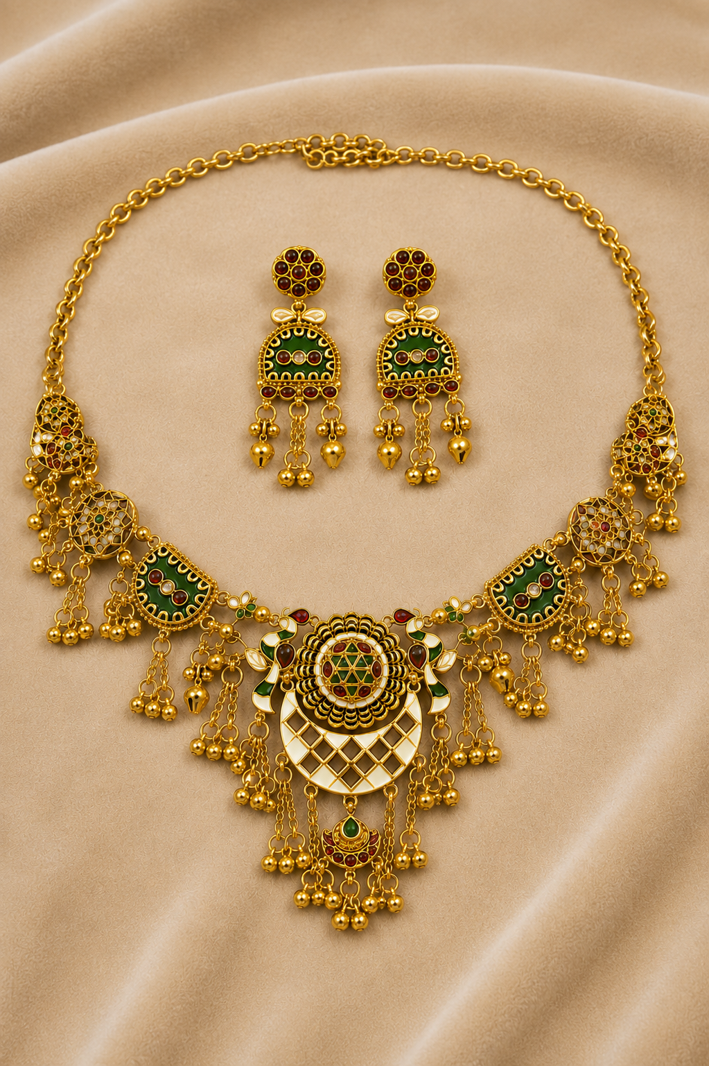 Gold Meenakari Choker Necklace Set with Ghungroo Tassels & Matching Earrings