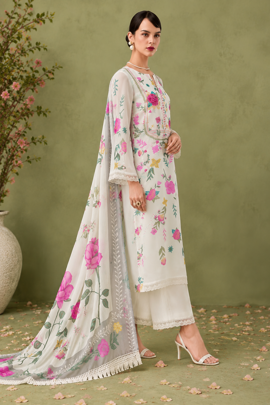 Off-White Cotton Lawn Suit Set Digital Print With Resham Embroidery
