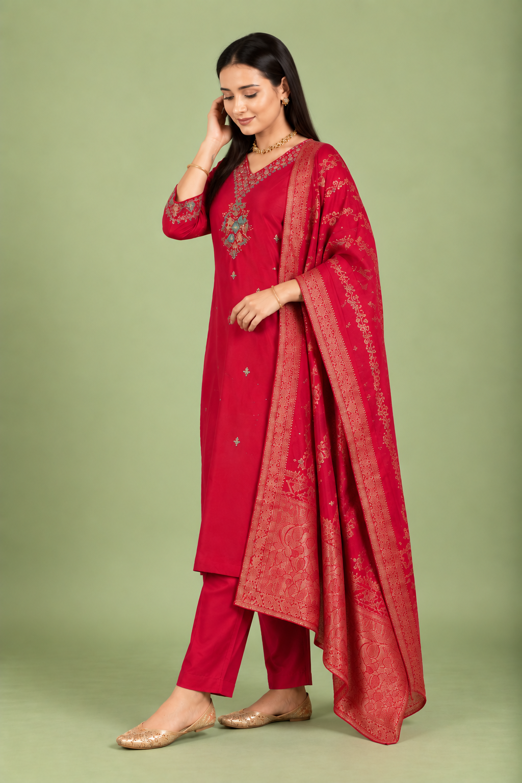 Red Crepe Silk Straight Kurta with Straight Pant and Zardosi Work