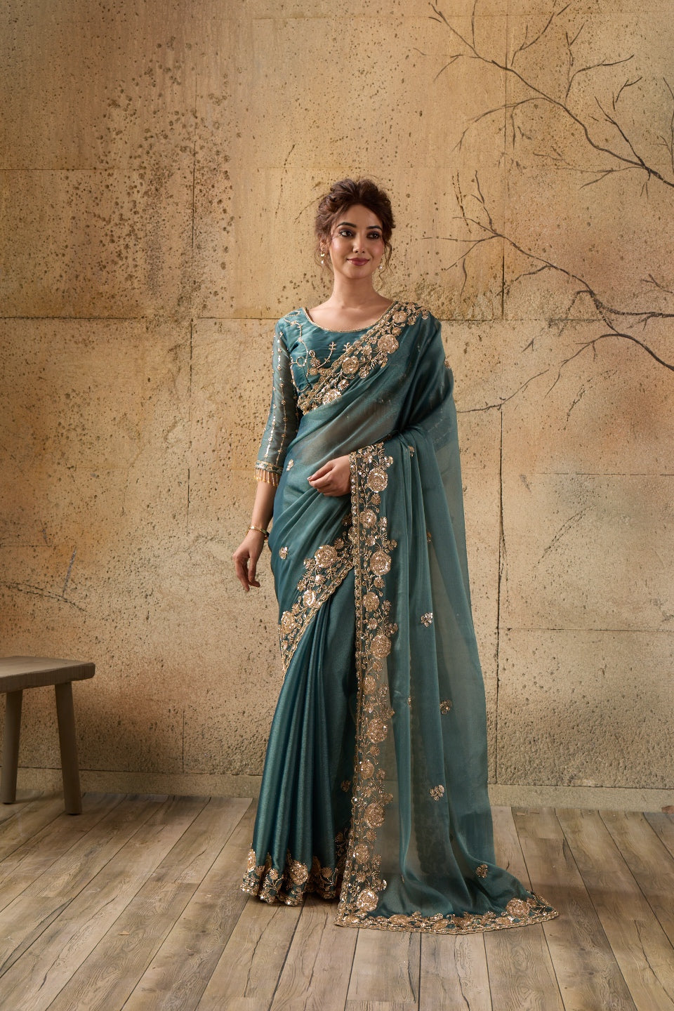 Bottle Green Organza Saree with Floral Hand Embroidery with Stitched Blouse