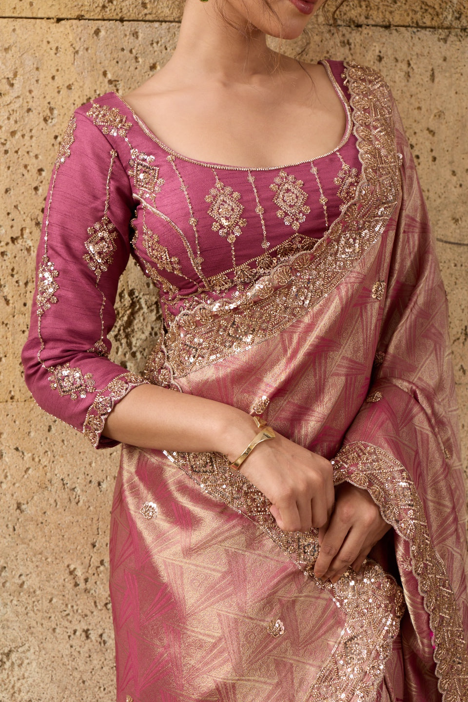 Rose Pink Organza Silk Saree with Zari Hand Embroidery with Stitched Blouse
