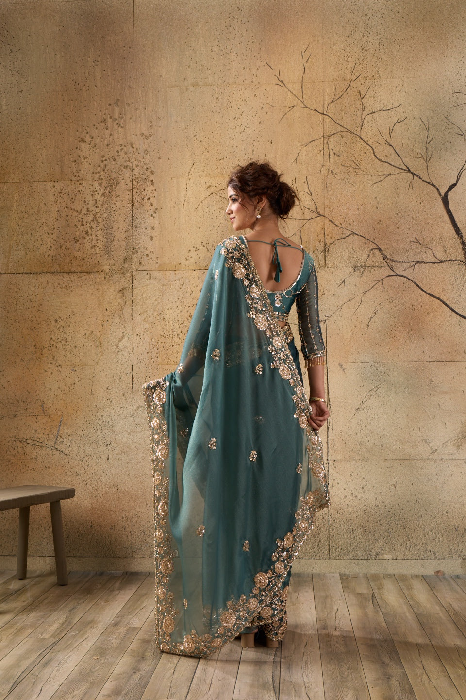 Bottle Green Organza Saree with Floral Hand Embroidery with Stitched Blouse