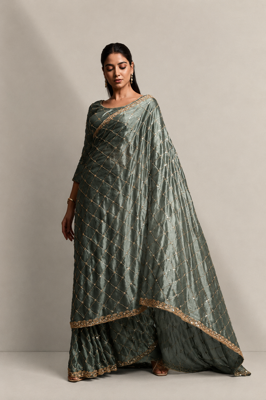 Mint Green Organza Silk Saree with Hand Embroidery with Stitched Blouse