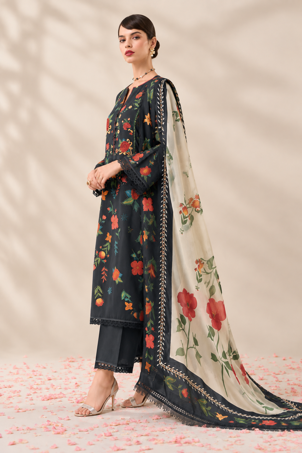 Black Cotton Lawn Suit Set Digital Print With Resham Embroidery