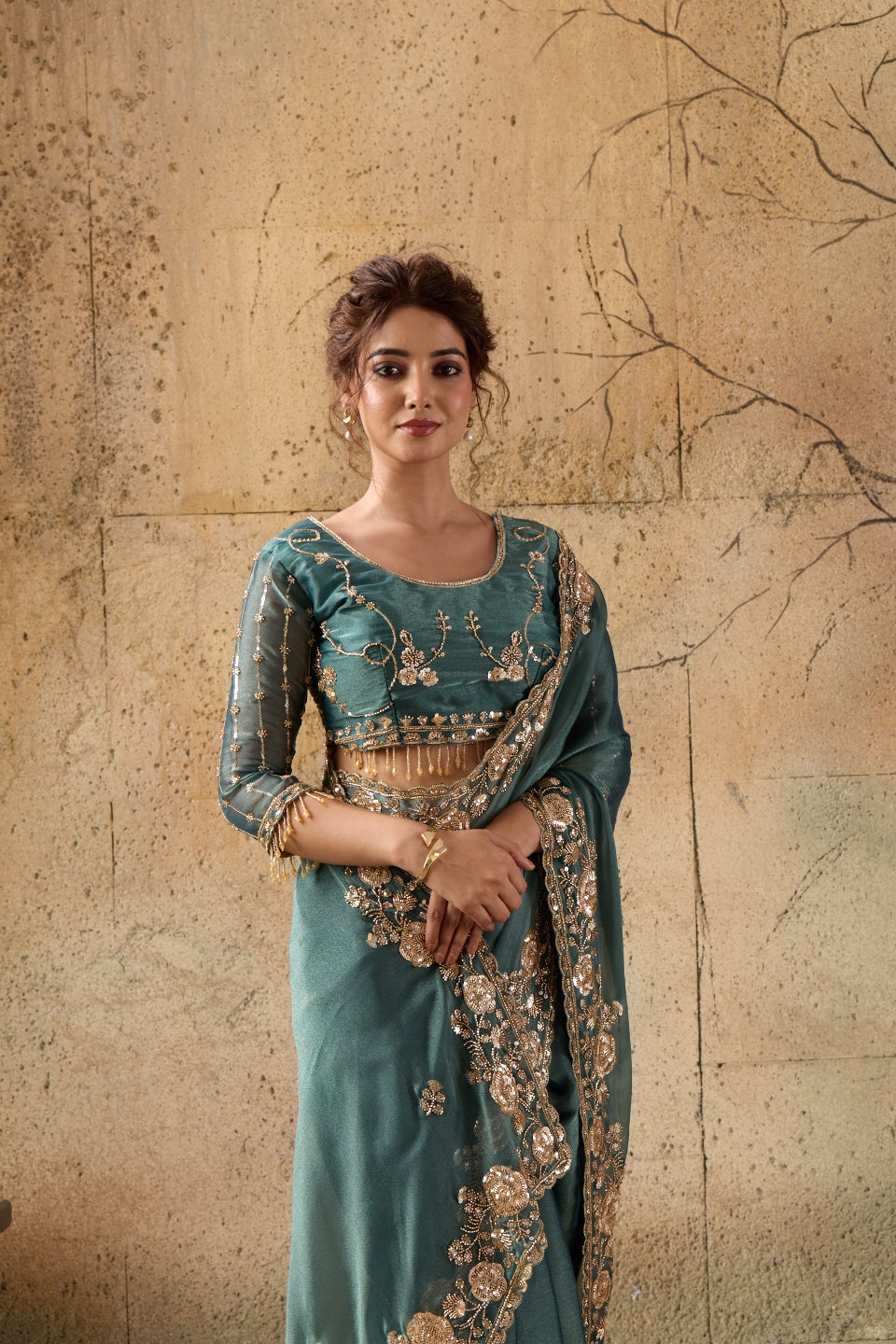 Bottle Green Organza Saree with Floral Hand Embroidery with Stitched Blouse