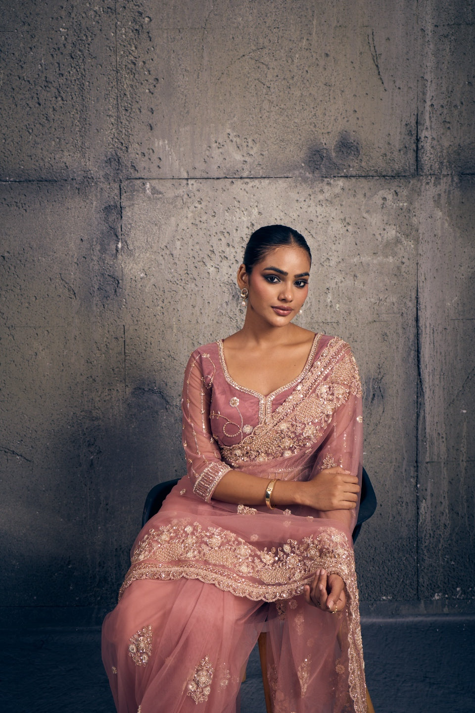 Light Rose Pink Net Saree with Hand Embroidery with Stitched Blouse