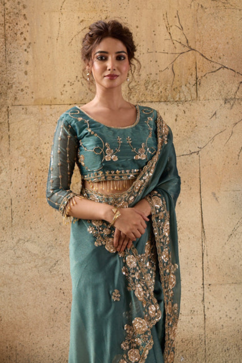 Bottle Green Organza Saree with Floral Hand Embroidery with Stitched Blouse