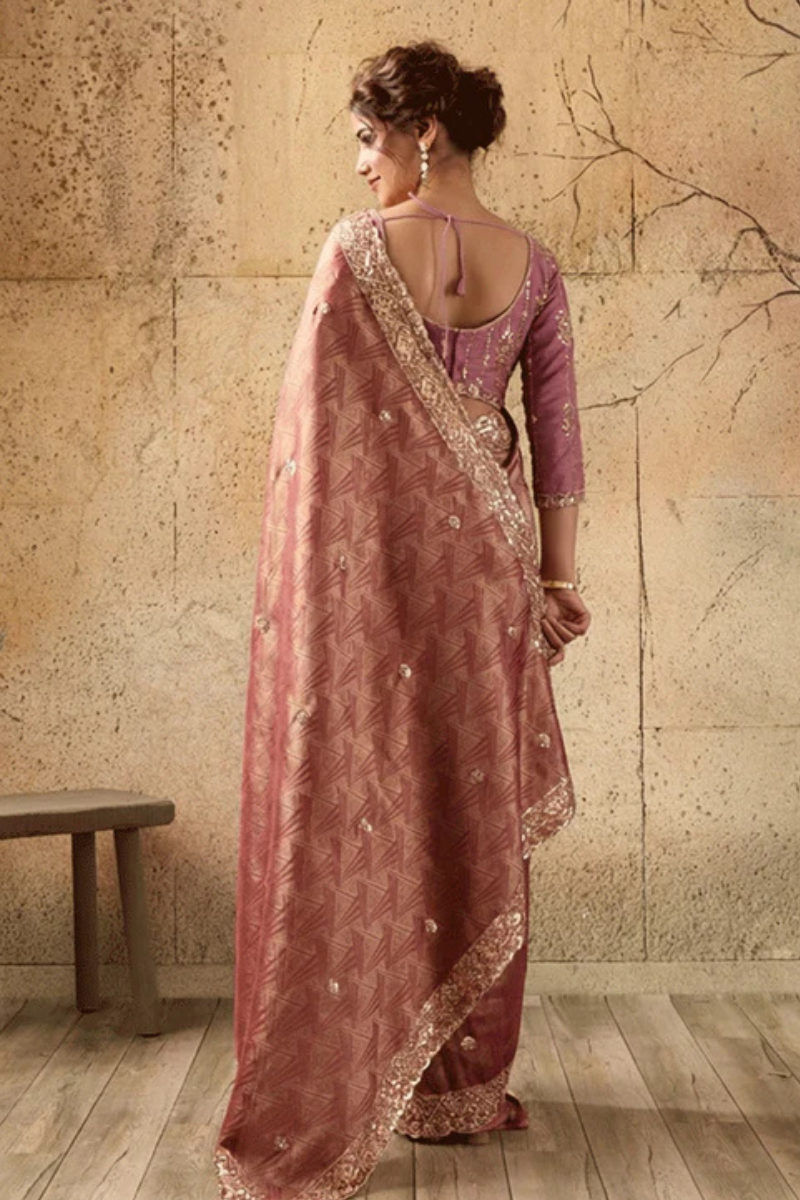 Pink Organza Silk Saree with Zari Hand Embroidery with Stitched Blouse