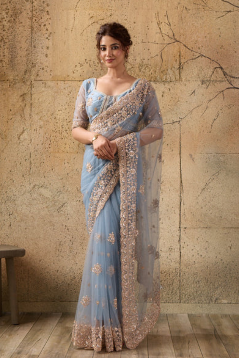 Dusty Blue Net Saree with Hand Embroidery with Stitched Blouse
