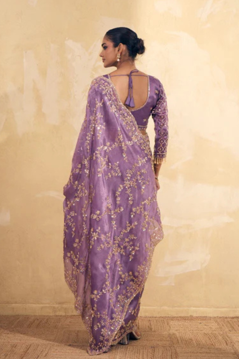 Lavendar Purple Organza Silk Saree with Hand Embriodery with Stitched Blouse