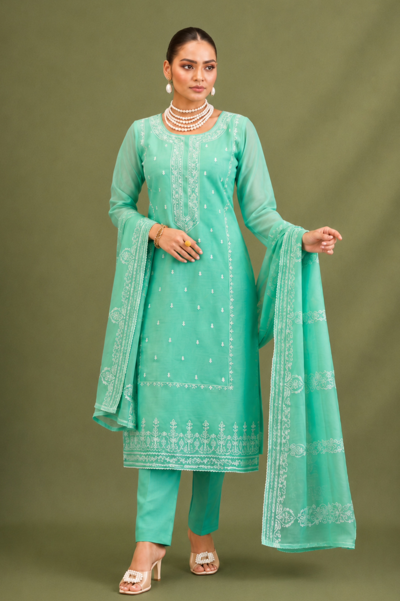 Mint Green Pure Mal Cotton Suit Set with Laser Cut Work Design