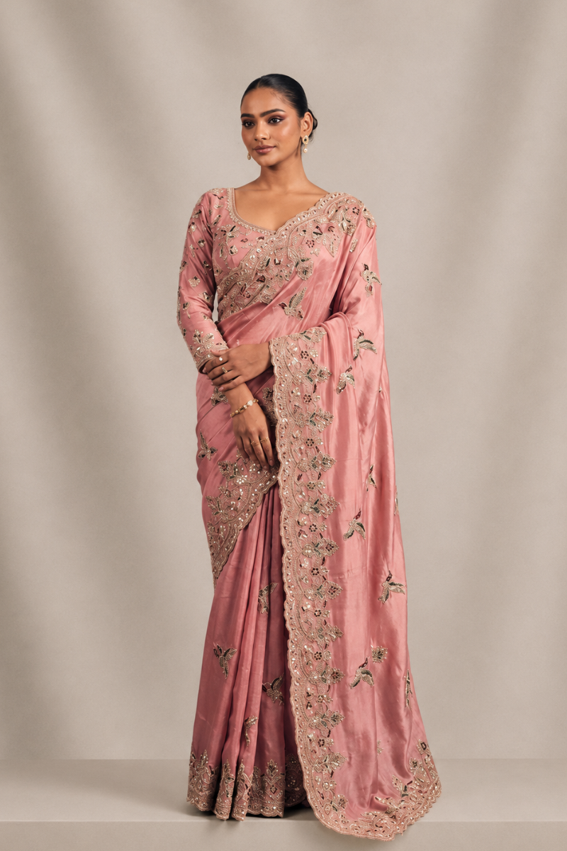 Rose Pink Organza Silk Saree with Peacock Hand Embroidery with Stitched Blouse