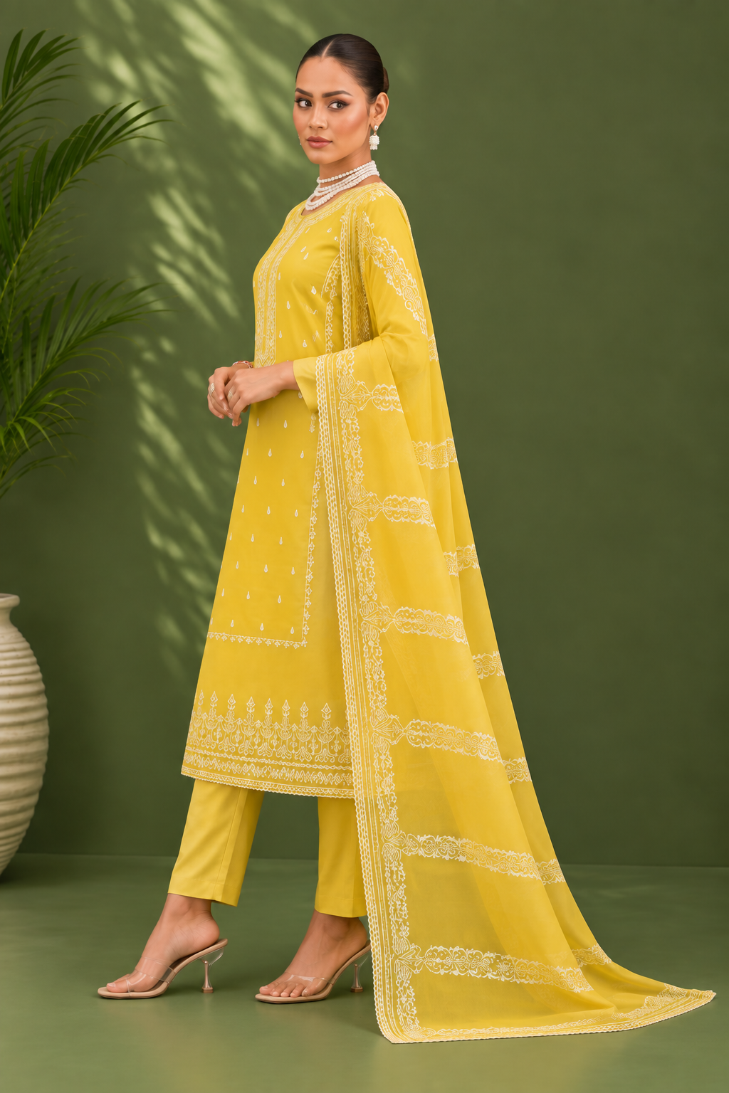 Mustard Yellow Mal Cotton Suit Set With Laser Cut Work