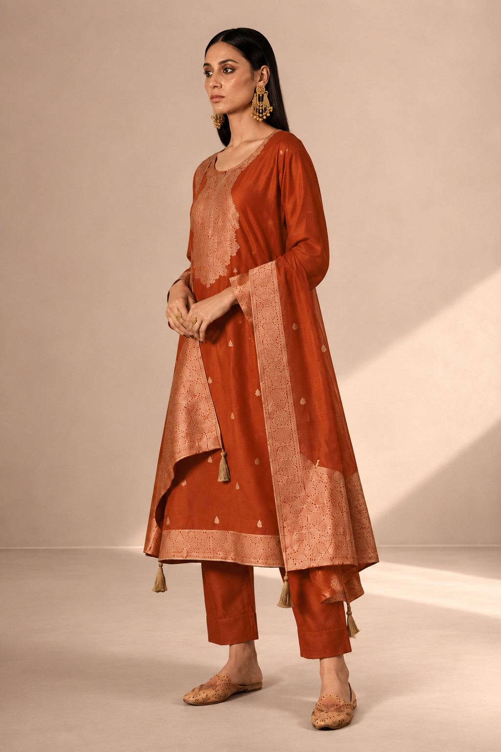 Rust Orange Viscose Silk Jacquard Suit Set With Hand Work