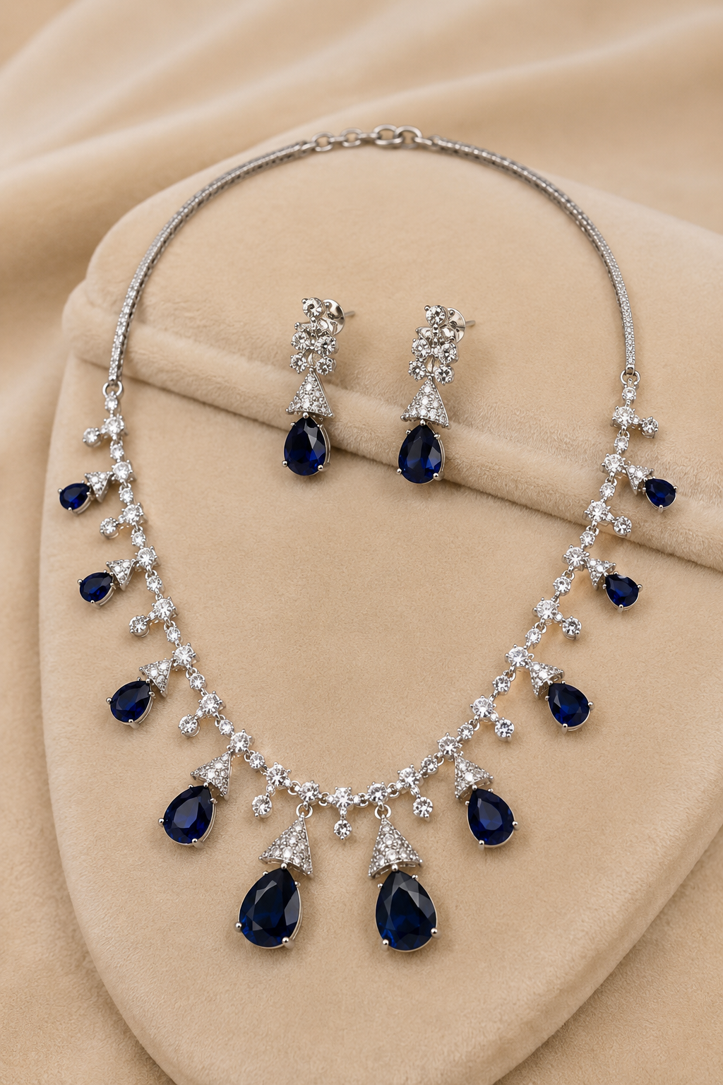 Midnight Blue Teardrop Stone Necklace Set with Floral Diamond-Studded Detailing