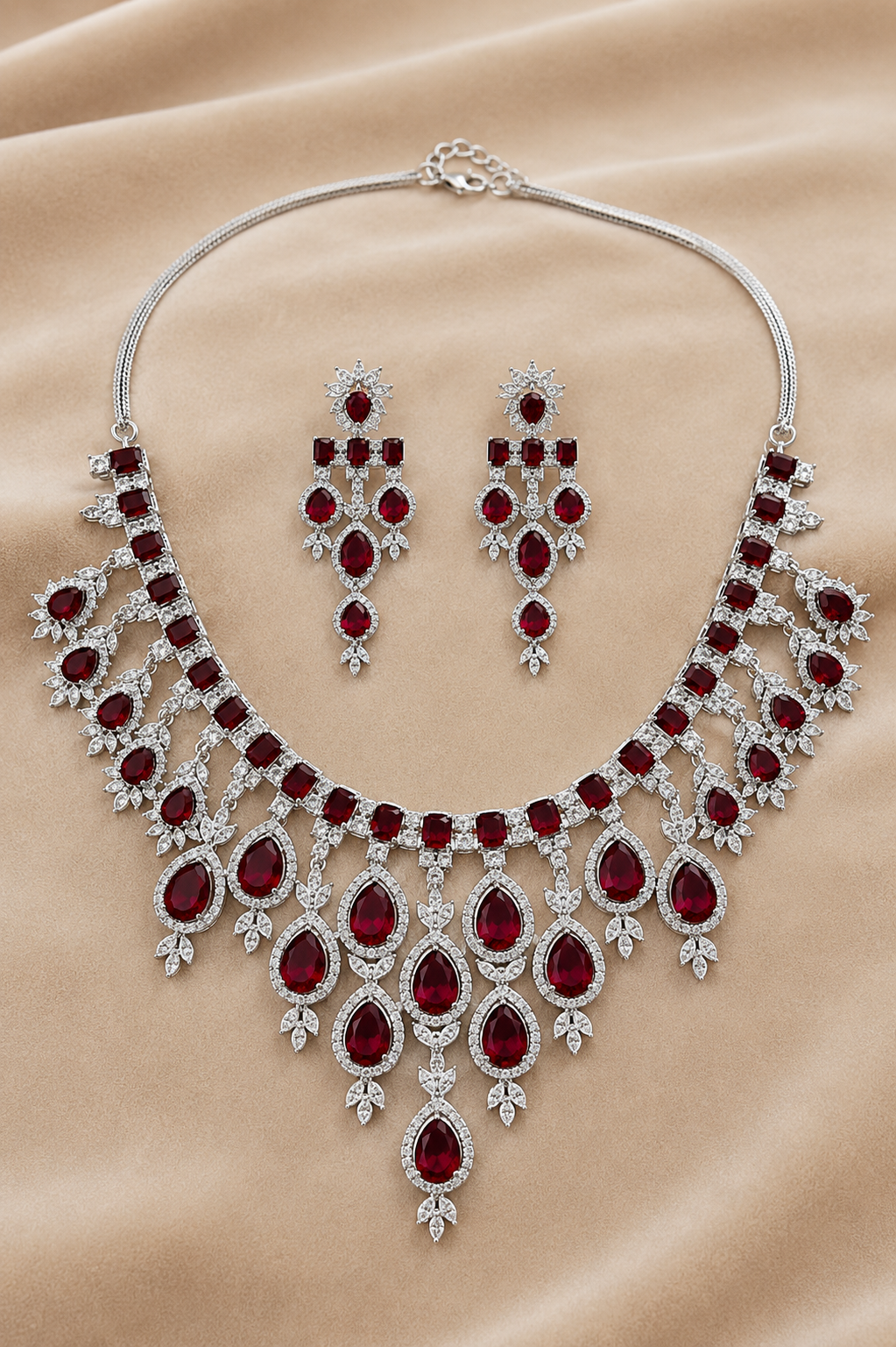 Royal Ruby Teardrop Diamond-Studded Statement Necklace with Cascading Drop Design