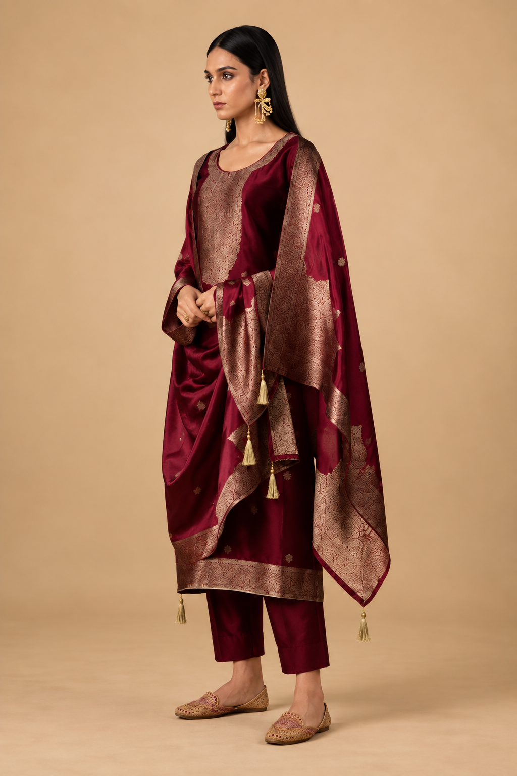 Wine Maroon Viscose Silk Jacquard Suit Set With Hand Work