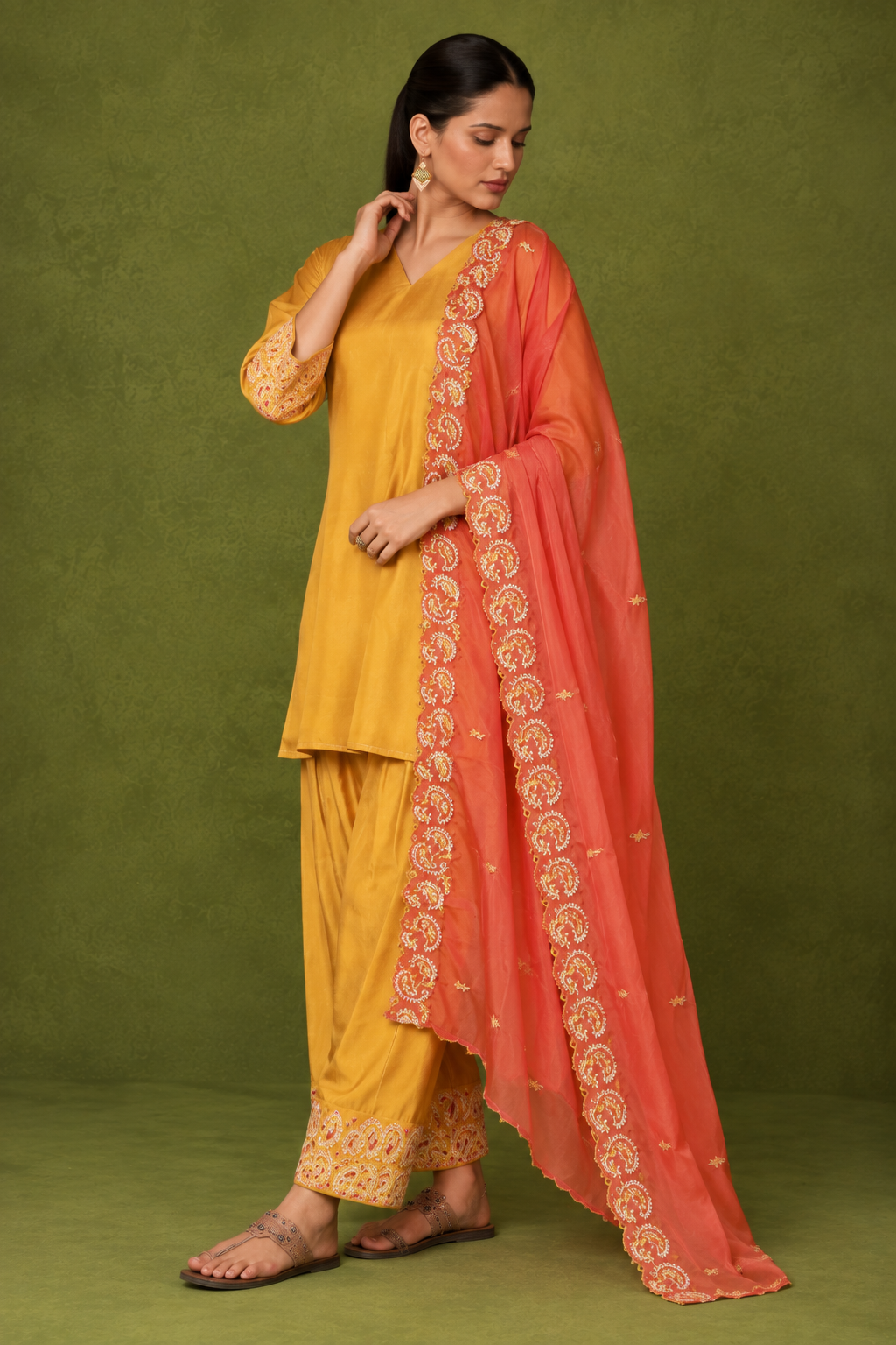 Mustard Silk Farsi Set With Zari Embroidery