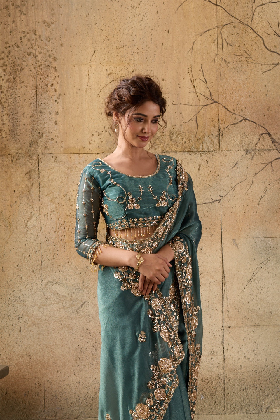 Bottle Green Organza Saree with Floral Hand Embroidery with Stitched Blouse