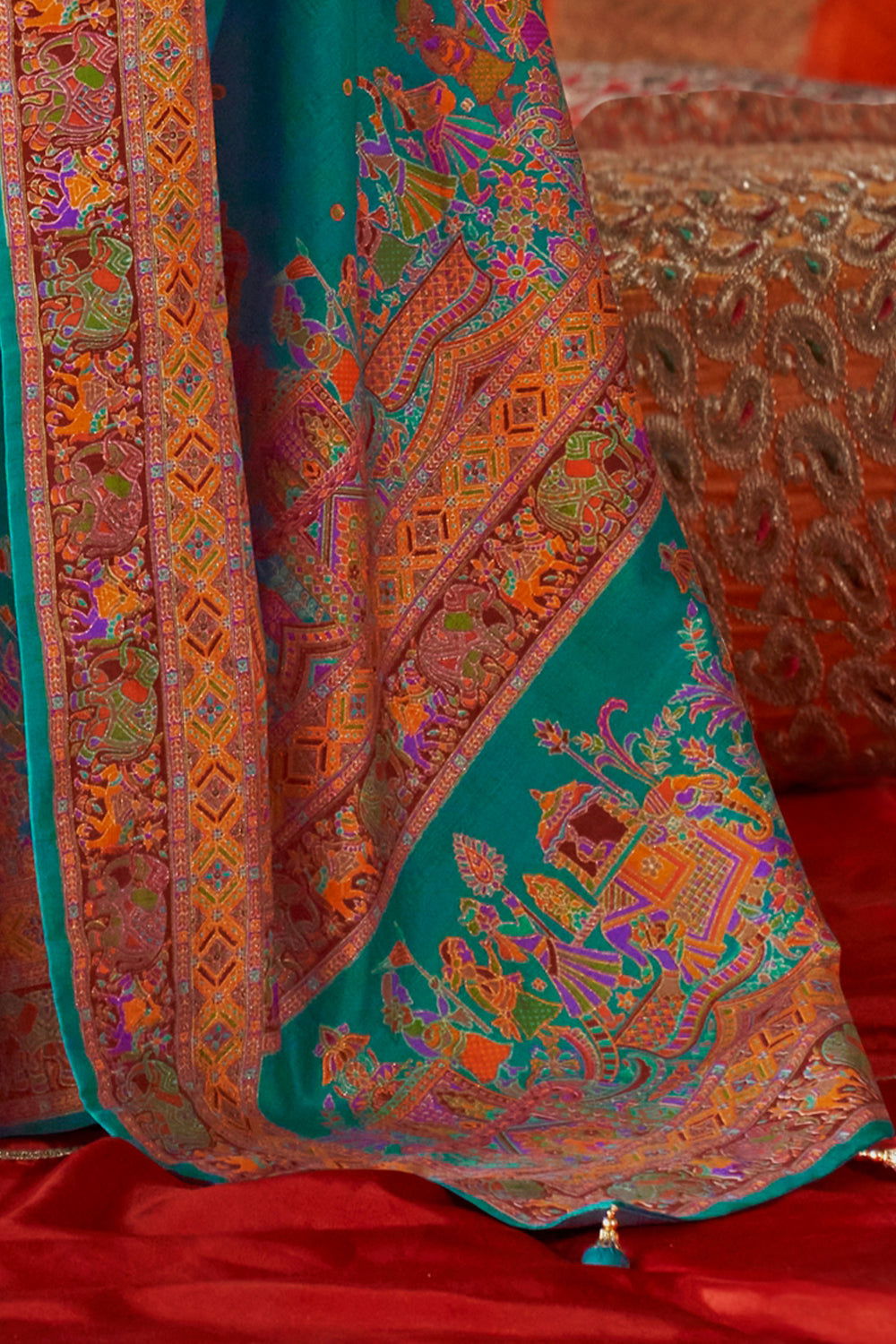 Aqua Blue Green Raw Silk Saree with Heritage Prints - Mayrake.in