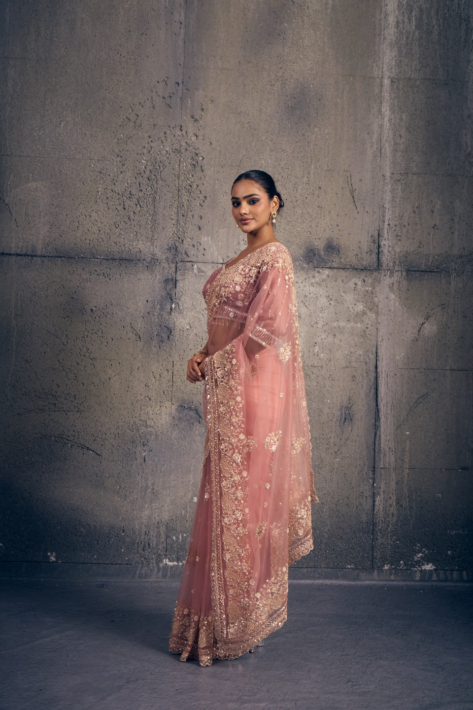 Light Rose Pink Net Saree with Hand Embroidery with Stitched Blouse