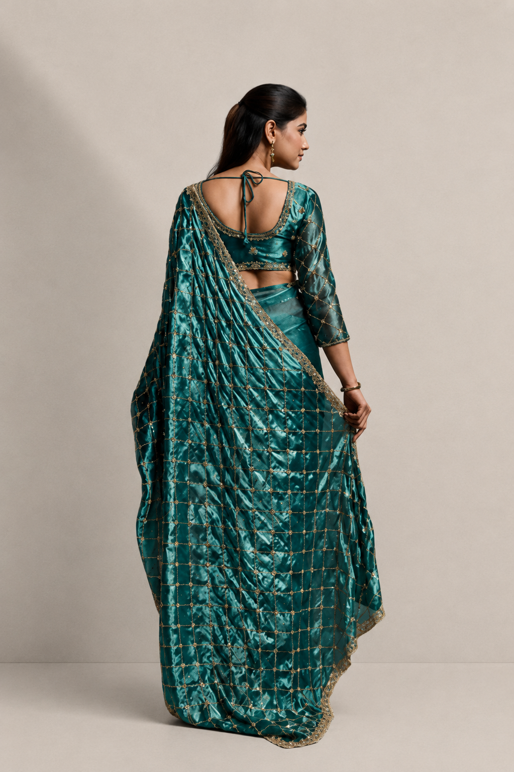 Teal Blue Organza Silk Saree with Hand Embroidery with Stitched Blouse
