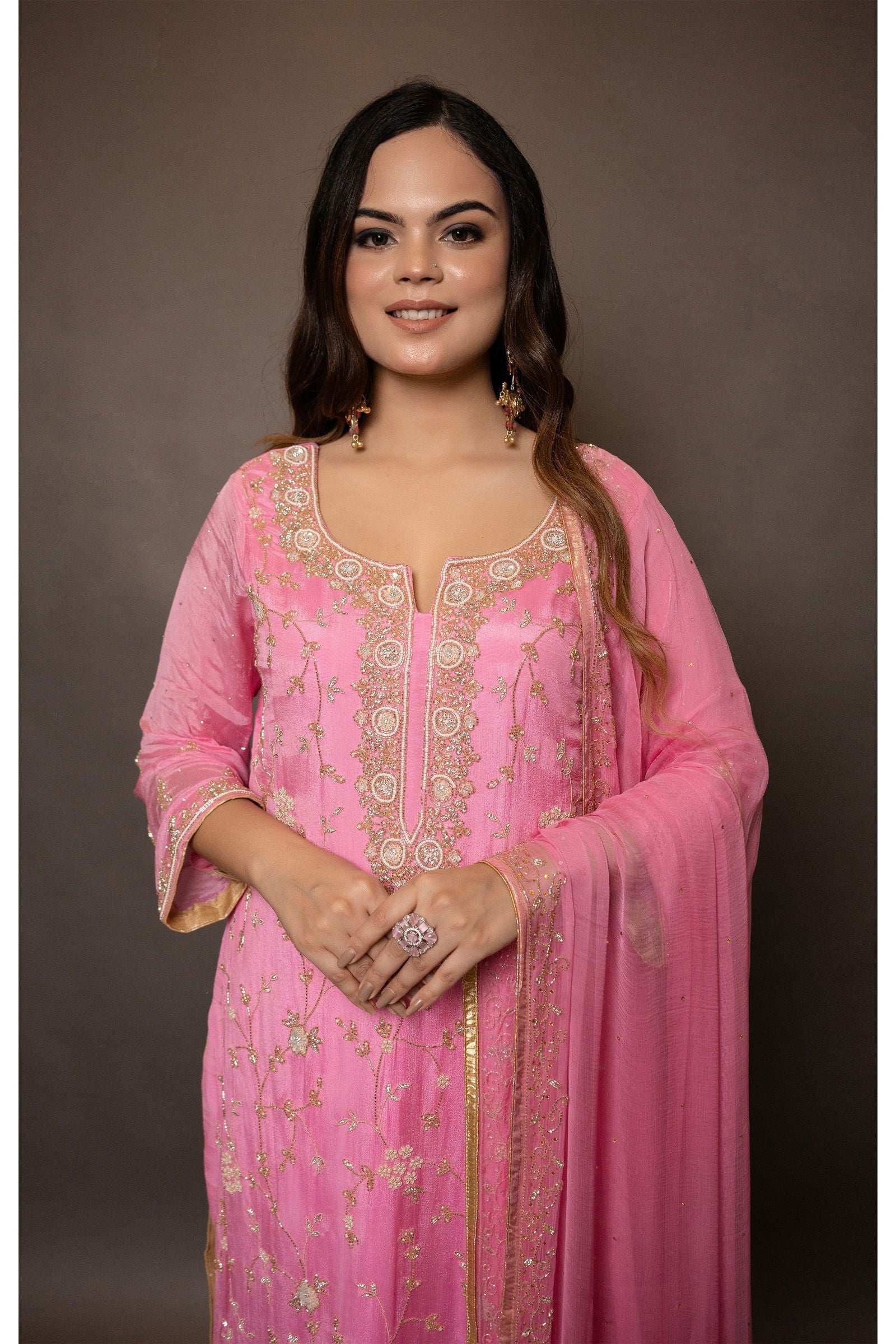 Baby Pink Hand Embroidered Suit with Pant - Mayrake.in