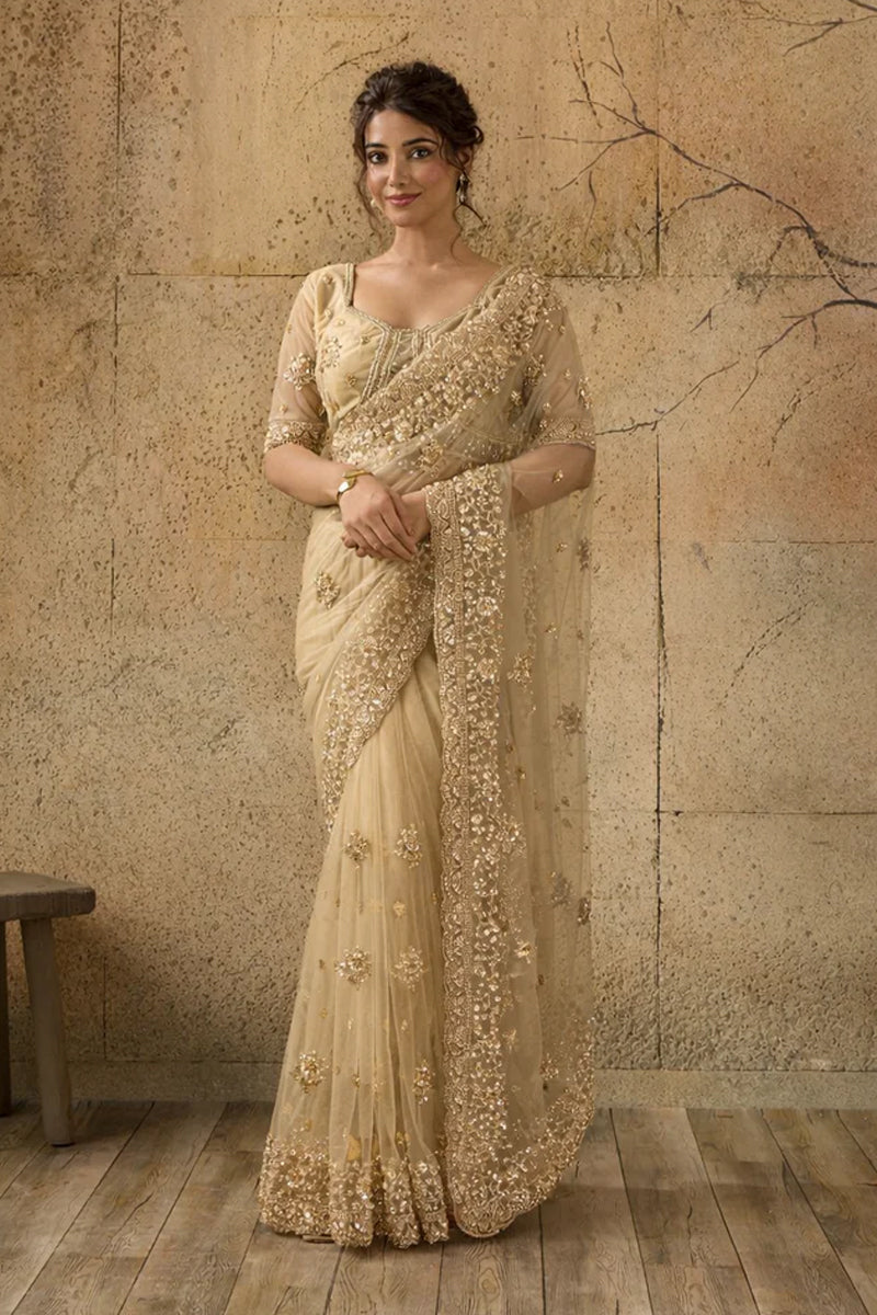 Beige Gold Net Saree with Hand Embroidery with Stitched Blouse