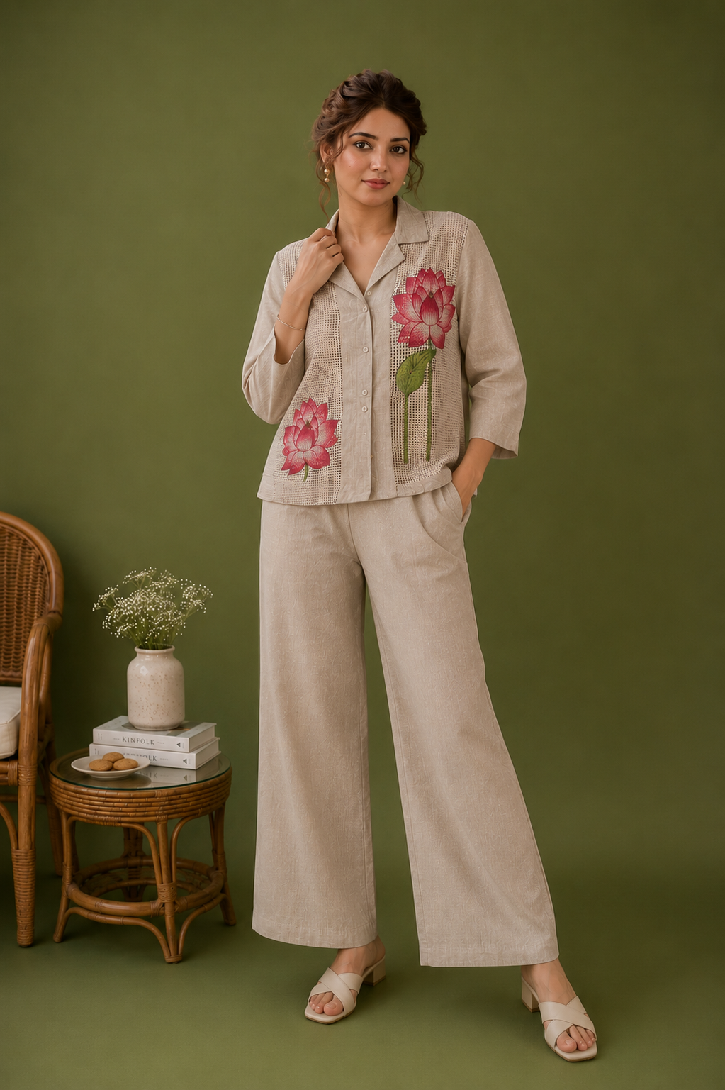 Beige Linen Co-ord Set with Floral Embroidered Designer Work