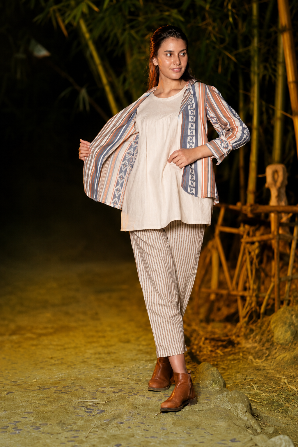 Beige Linen Cotton 3-Piece Co-Ord Set with Striped Jacket
