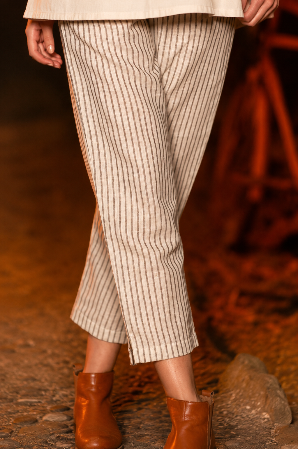 Beige Linen Cotton 3-Piece Co-Ord Set with Striped Jacket