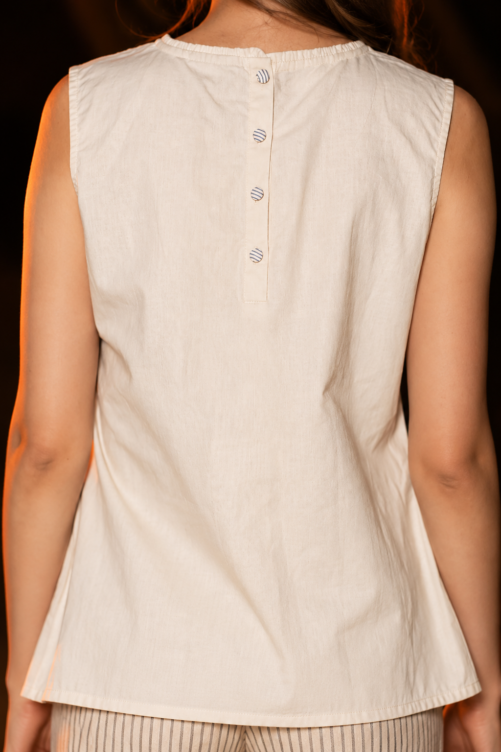 Beige Linen Cotton 3-Piece Co-Ord Set with Striped Jacket