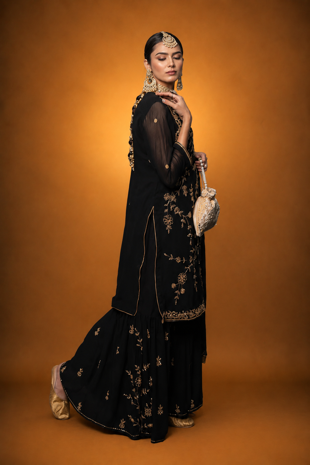Black Georgette Handwork Zardozi Suit with Garara Set