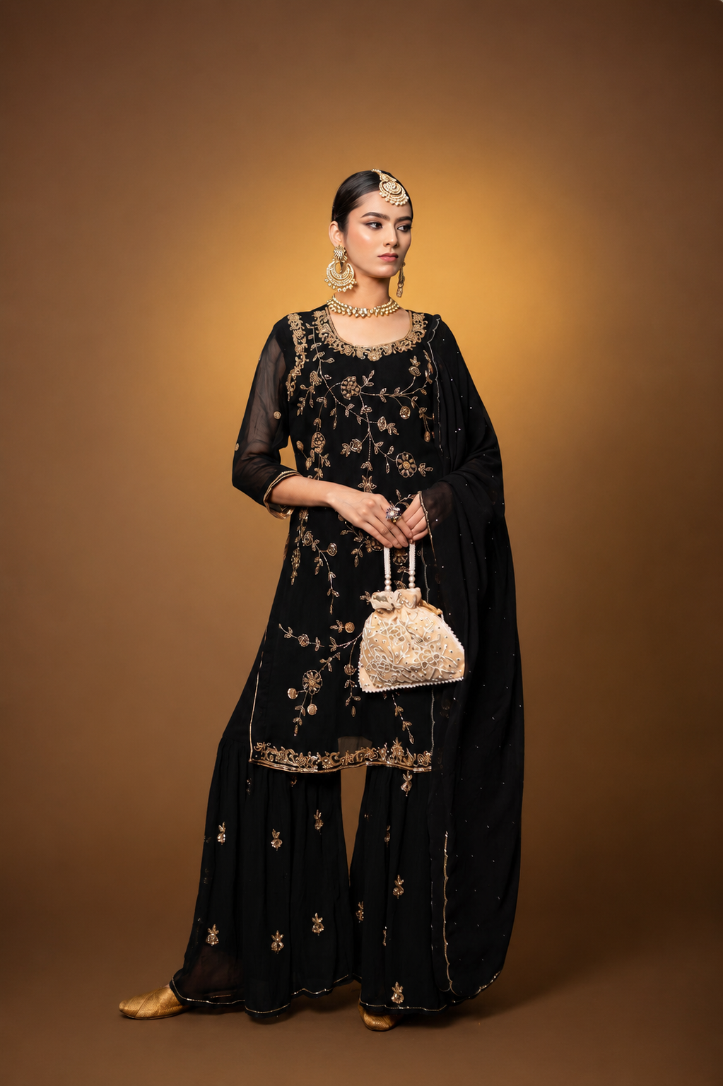 Black Georgette Handwork Zardozi Suit with Garara Set