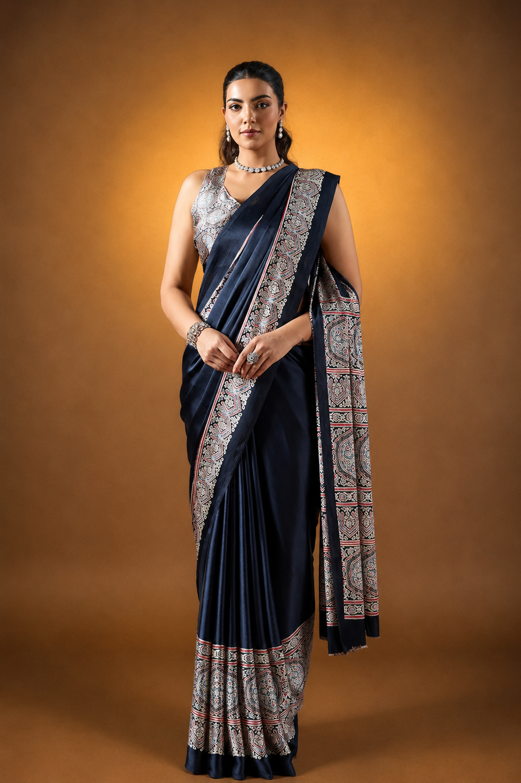 Black Pure Satin Modal Silk Saree with Ajrakh Print