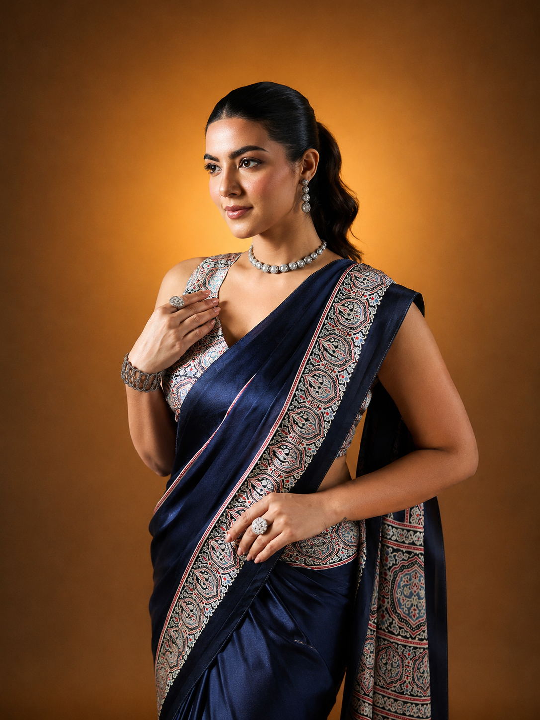 Black Pure Satin Modal Silk Saree with Ajrakh Print