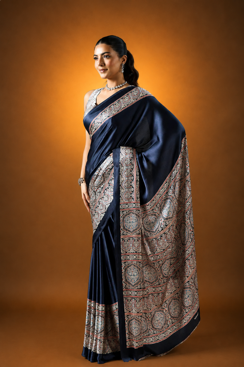 Black Pure Satin Modal Silk Saree with Ajrakh Print