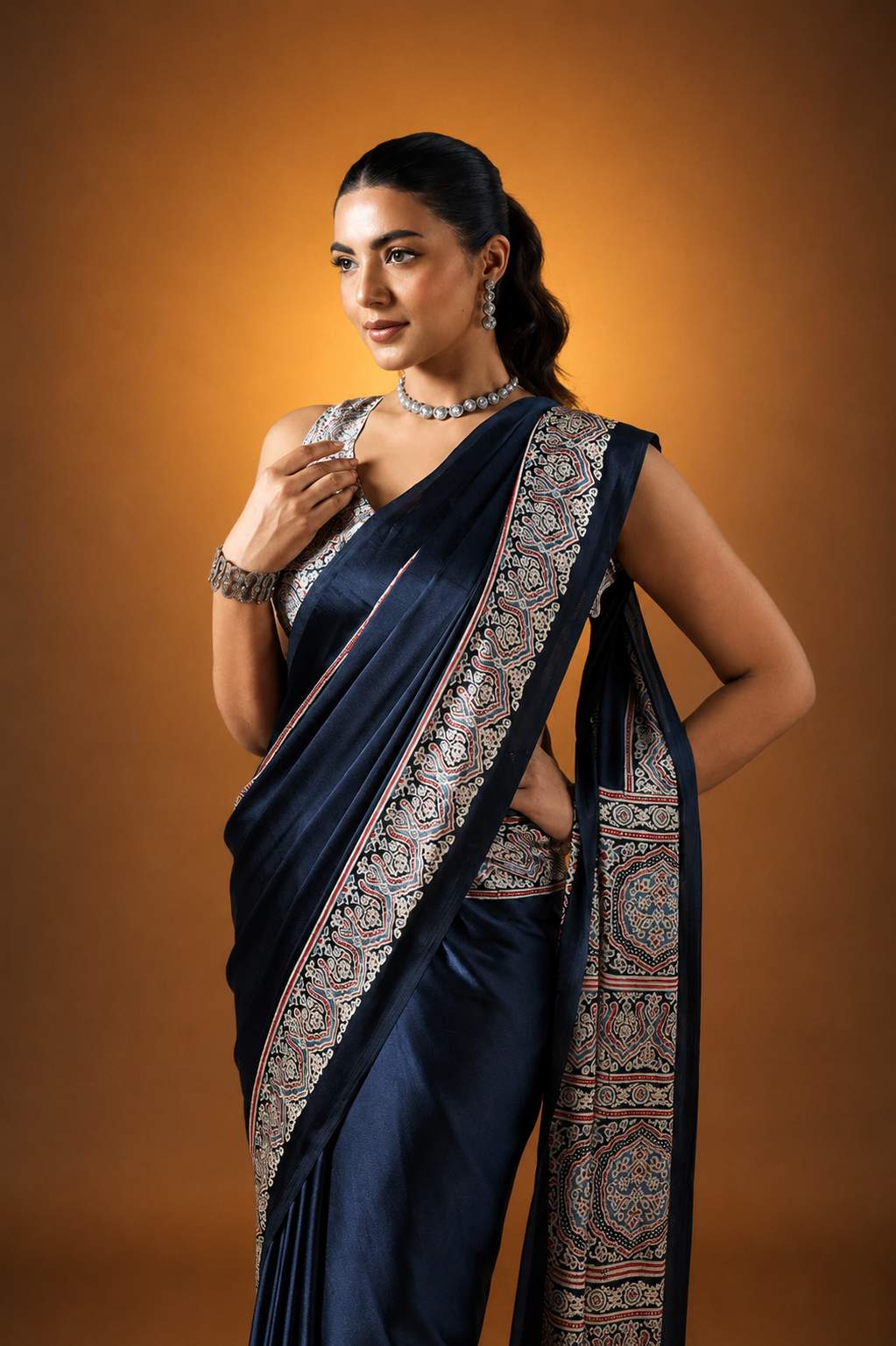 Black Pure Satin Modal Silk Saree with Ajrakh Print