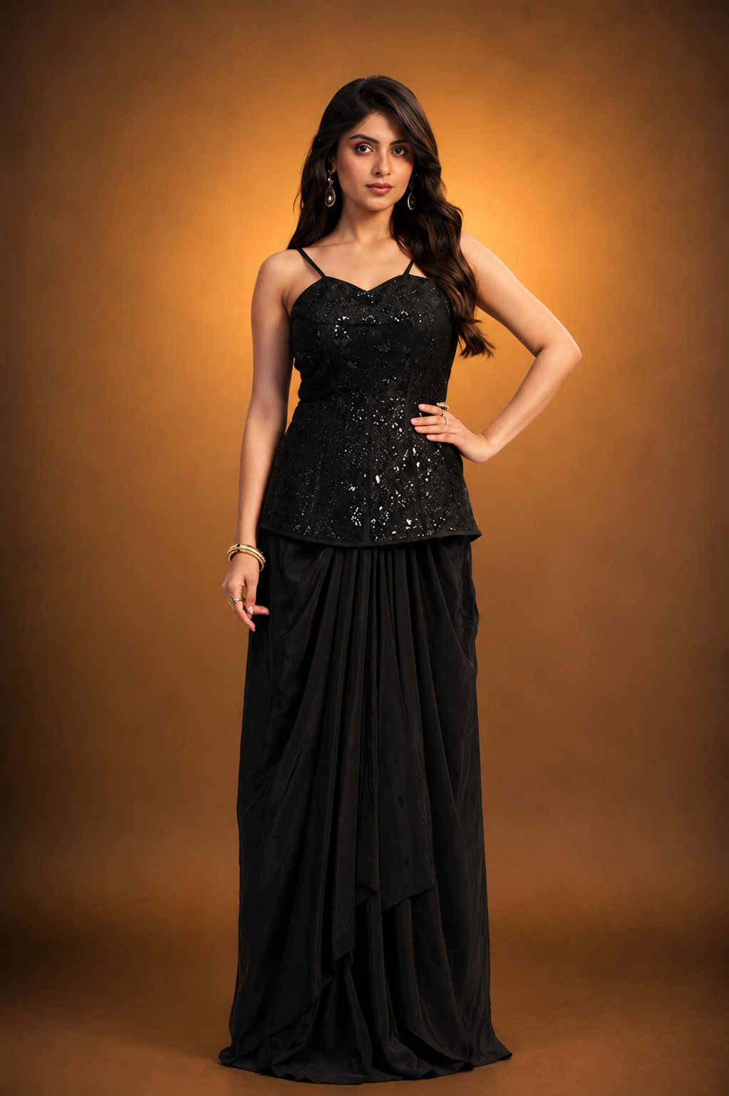 Black Crepe Silk Ready-to-Wear Drape Saree with Hand-Embroidered Sequin Corset Top