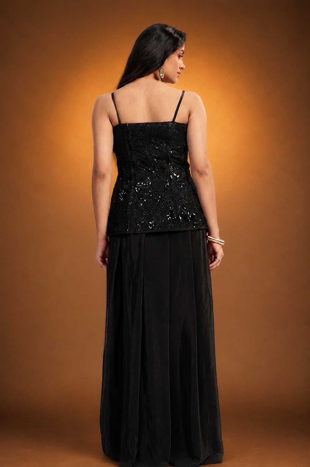 Black Crepe Silk Ready-to-Wear Drape Saree with Hand-Embroidered Sequin Corset Top