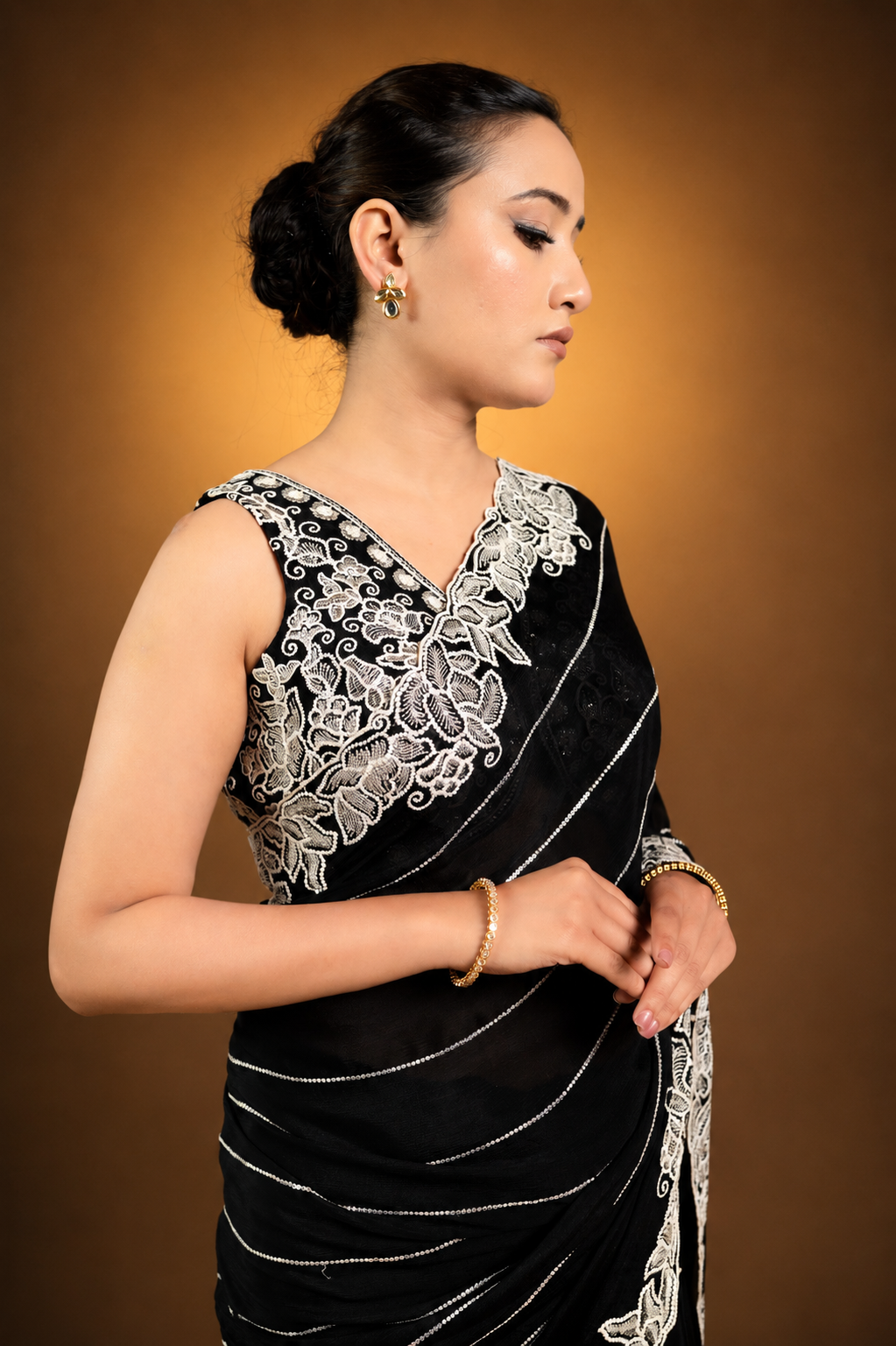Two Blouse Concept – Black Designer Georgette Saree with White and Silver Embroidery