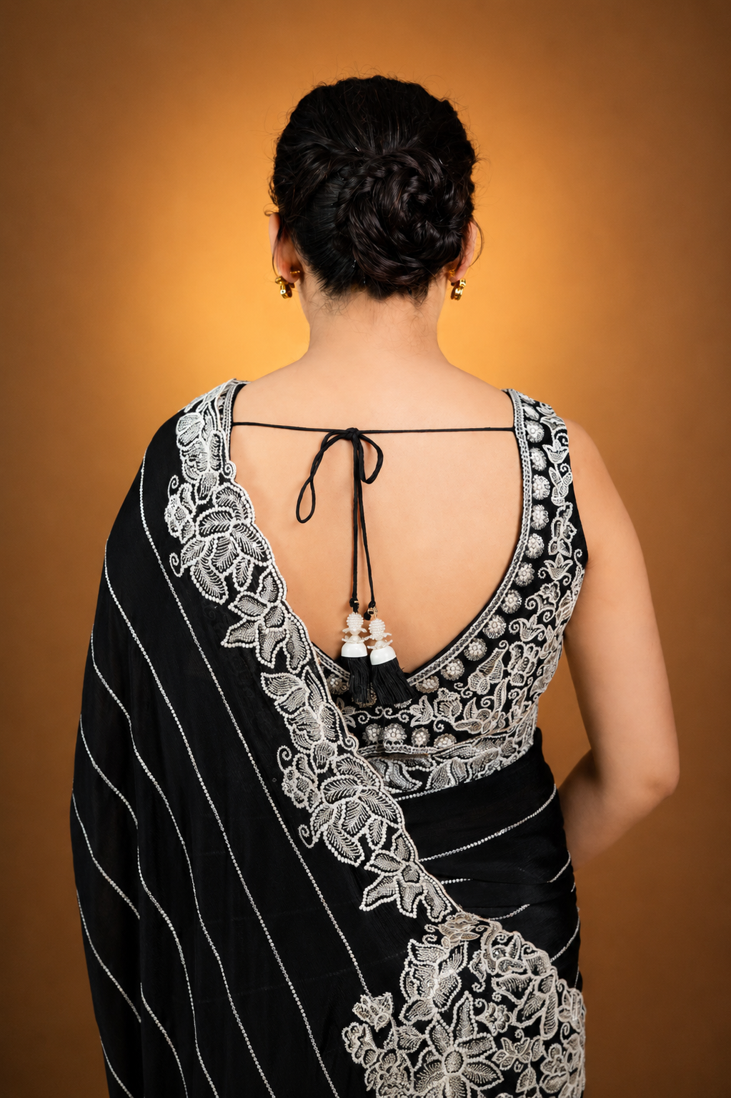 Two Blouse Concept – Black Designer Georgette Saree with White and Silver Embroidery