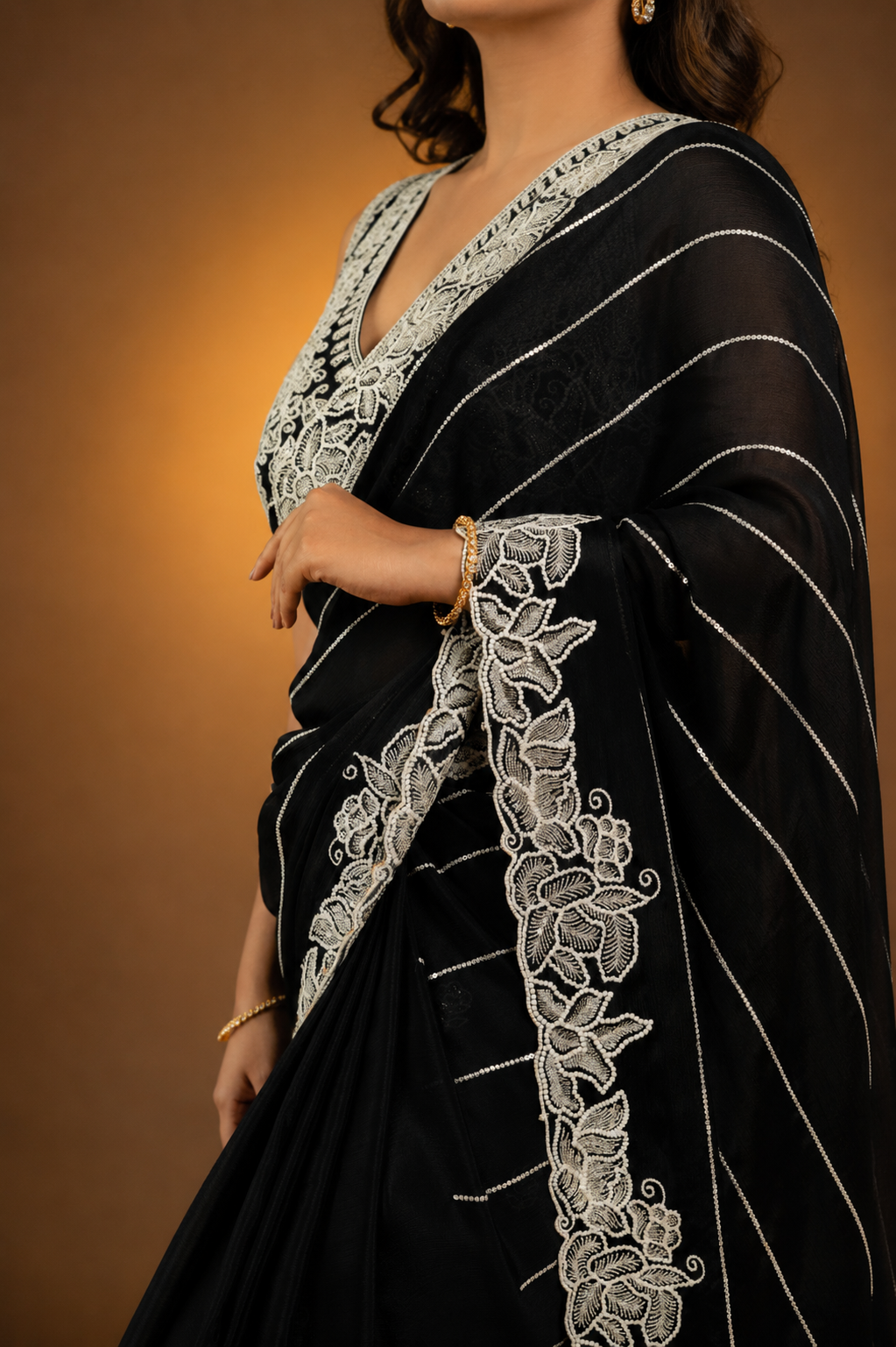 Two Blouse Concept – Black Designer Georgette Saree with White and Silver Embroidery