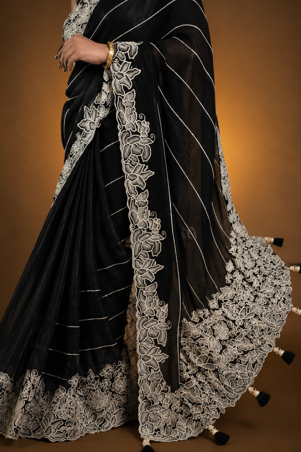 Two Blouse Concept – Black Designer Georgette Saree with White and Silver Embroidery