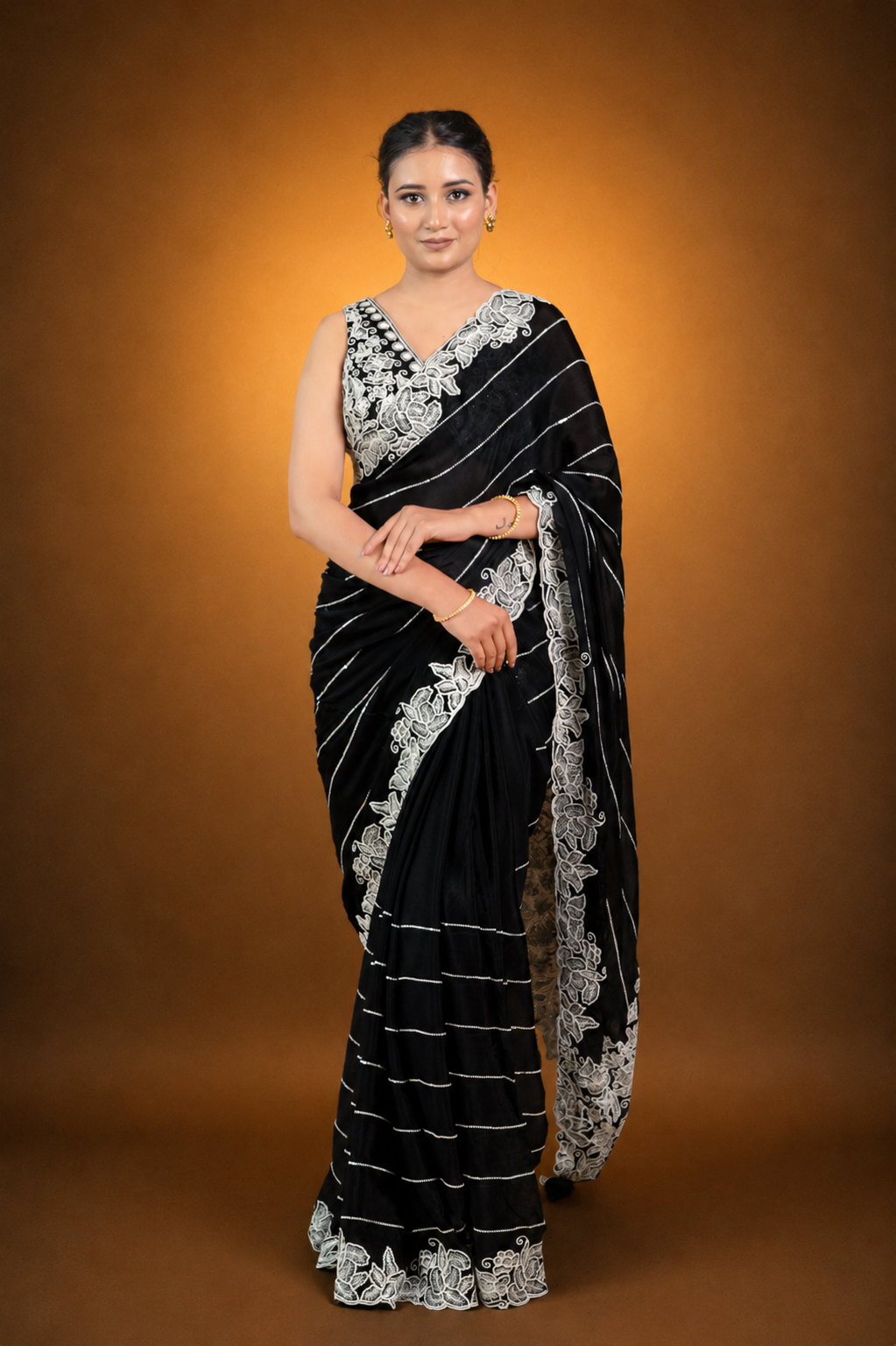 Two Blouse Concept – Black Designer Georgette Saree with White and Silver Embroidery