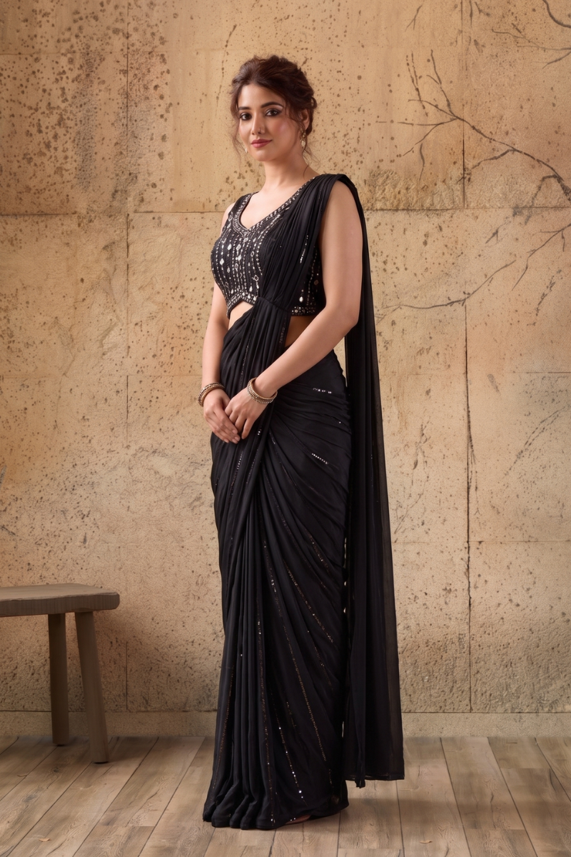Black Lycra Pre-Draped Saree with Sequin Work and Ready to Wear Blouse