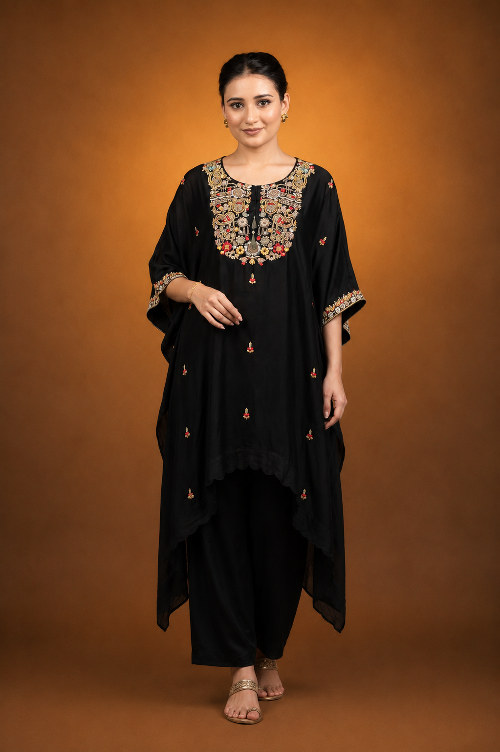 Black Georgette Kurta Set with Multicolor Floral Embroidery & Handwork Detailing