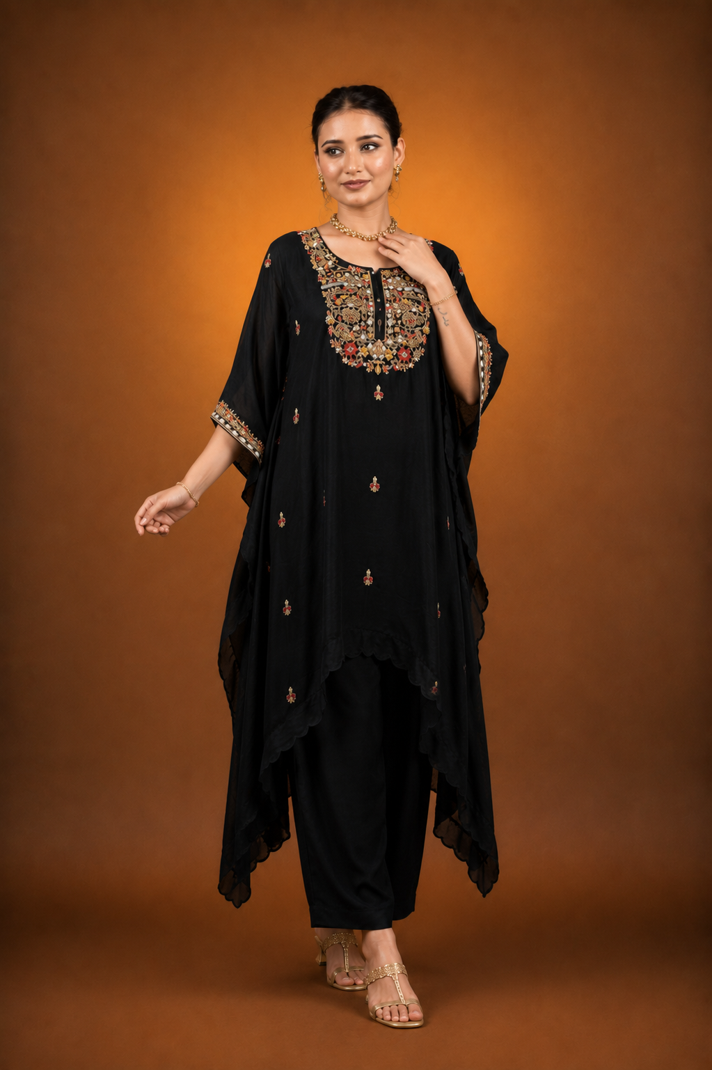 Black Georgette Kurta Set with Multicolor Floral Embroidery & Handwork Detailing