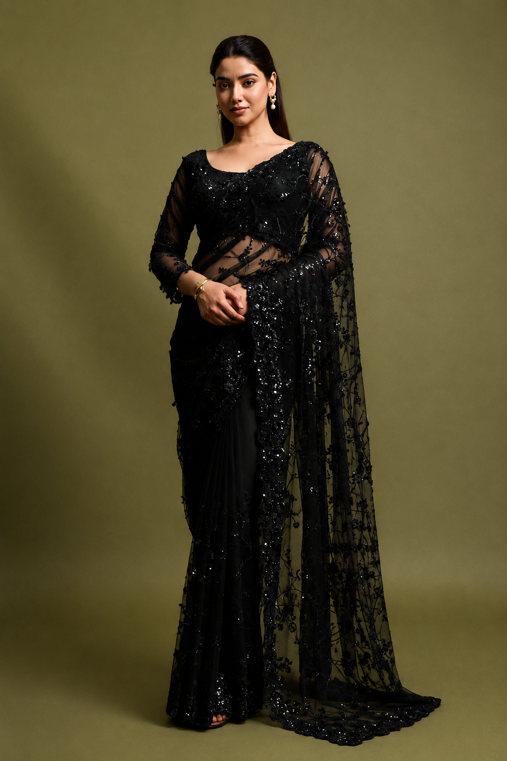 Black Net Saree With Sequin Hand Embroidery with Stitched Blouse