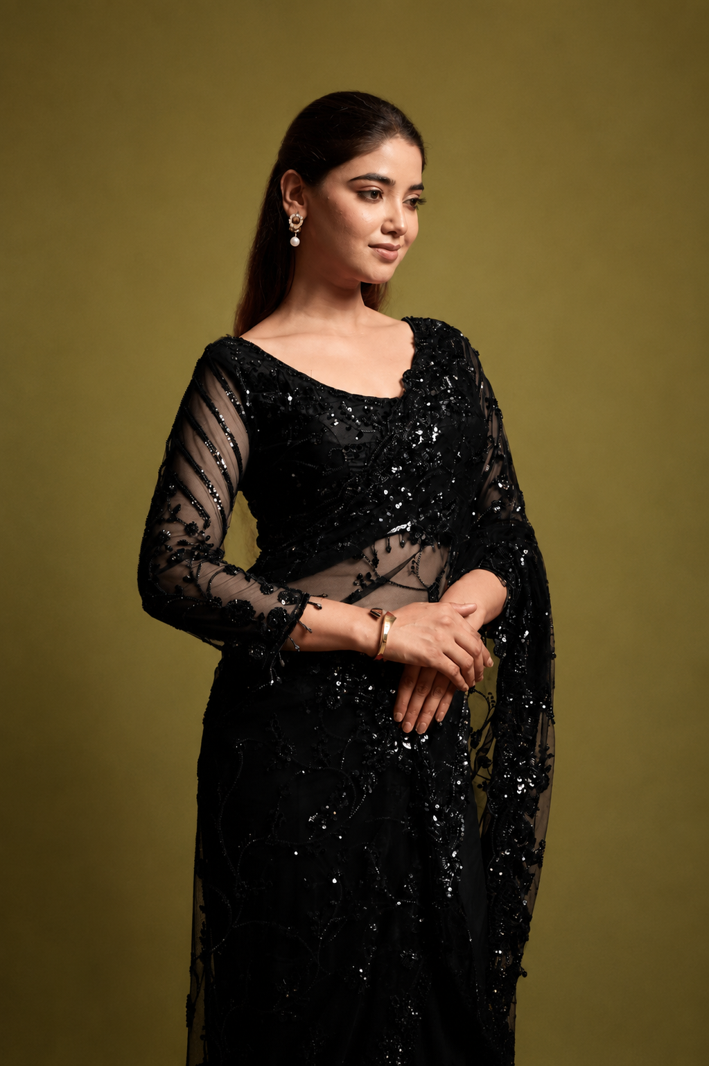 Black Net Saree With Sequin Hand Embroidery with Stitched Blouse